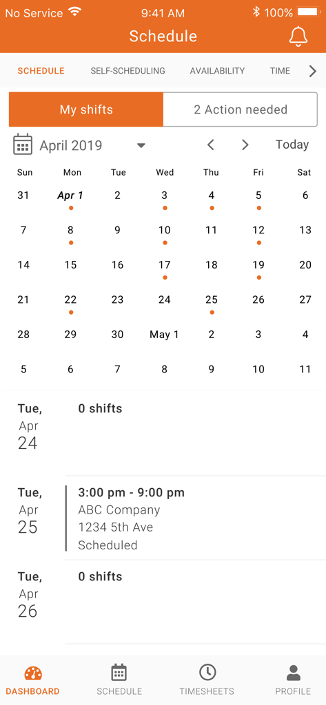 Celayix Team Xpress - Calendário de agenda de trabalho e detalhes do turno no aplicativo Celayix Team Xpress