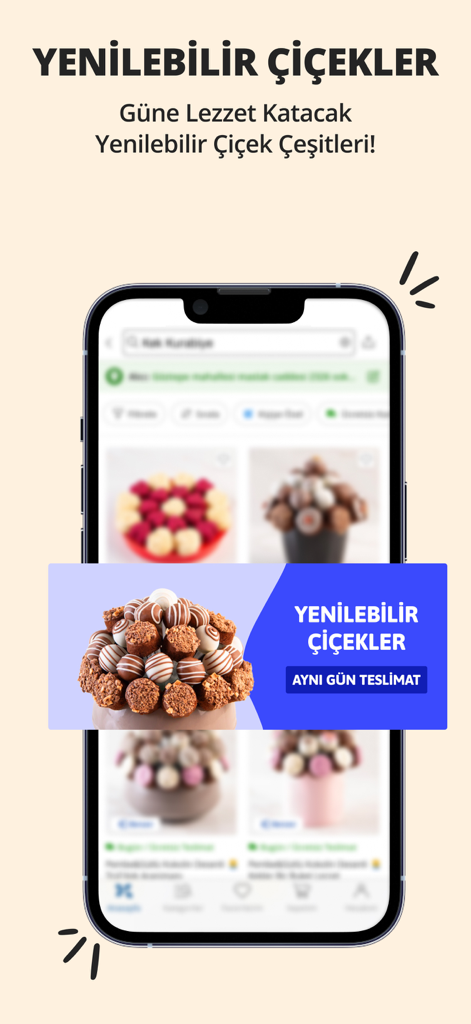Ciceksepeti app interface showing edible flower arrangements and same day delivery offer