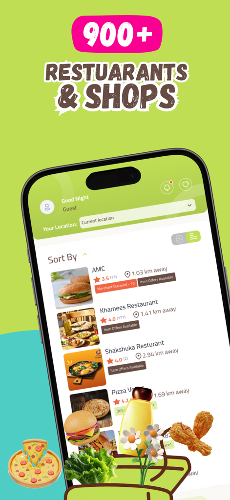 Yummy: Food, grocery & more - Mobile screen of Yummy app showing a selection of local restaurants and shops for food and grocery delivery