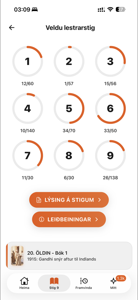 Heimalestur - Bildschirm der Heimalestur-App, der neun nummerierte Schwierigkeitsgrade für das Lesen anzeigt