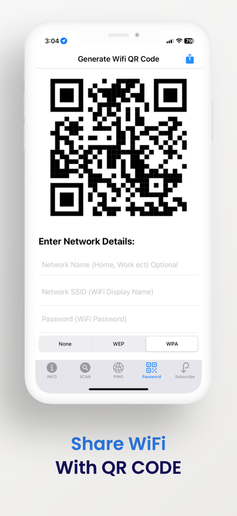 Mobile app screen showing a generated QR code for sharing WiFi network details including name and password.