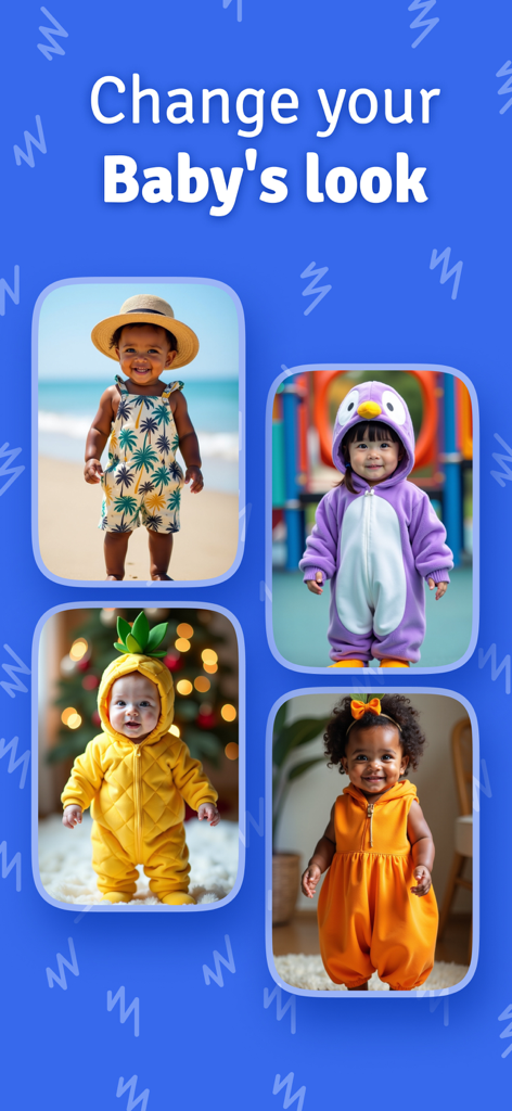 Baby Dance - AI Video - ペンギンやパイナップルなどの衣装を着た複数の赤ちゃんを表示するアプリのインターフェース。