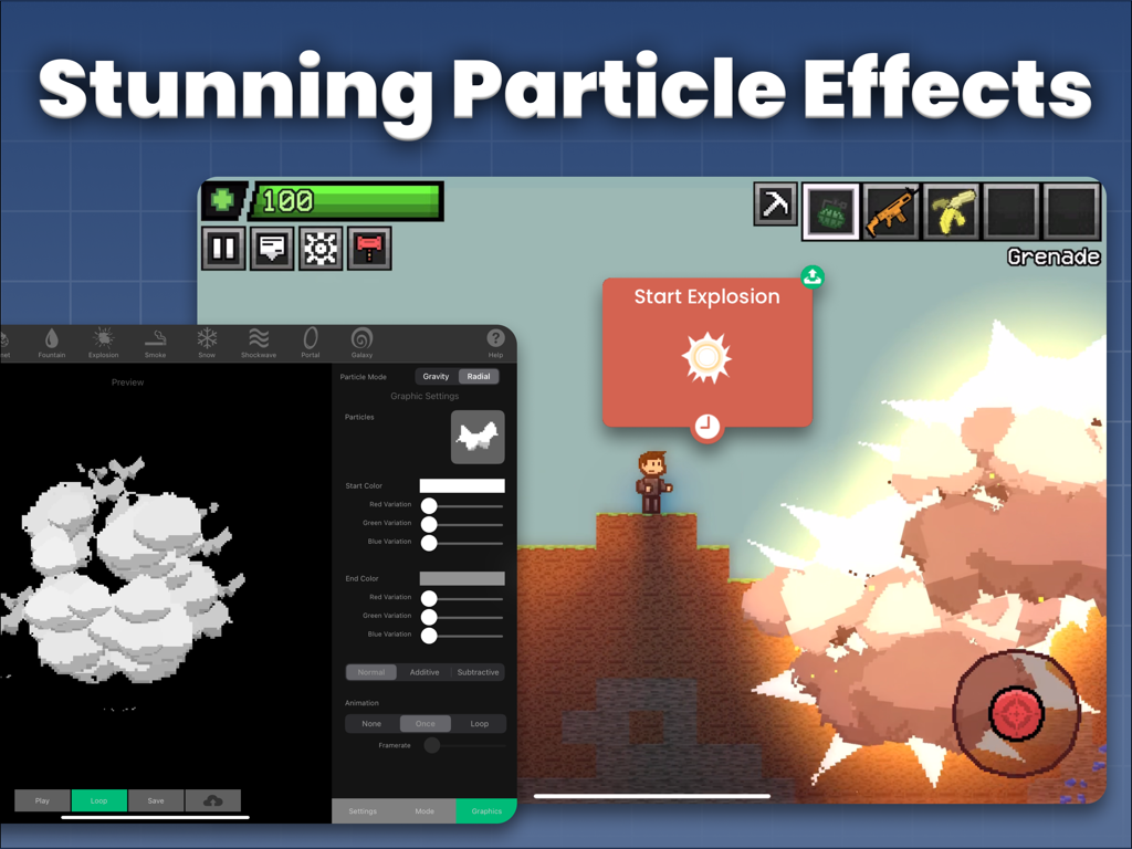 Interface of hyperPad Starter showing visual logic for an explosion and a particle effects editor for iPad game development