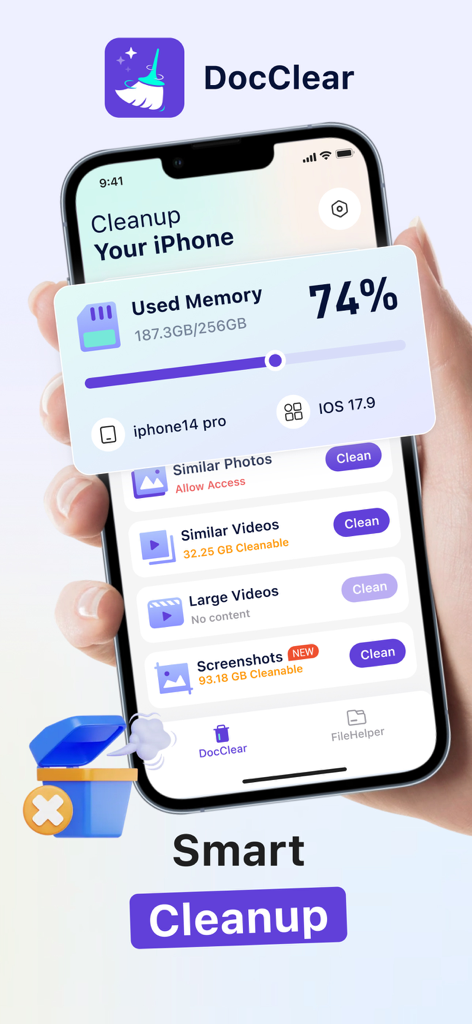 DocClear:clean my phone - Interfaz de la aplicación DocClear que muestra la memoria utilizada y las opciones de limpieza para fotos y videos similares en un iPhone