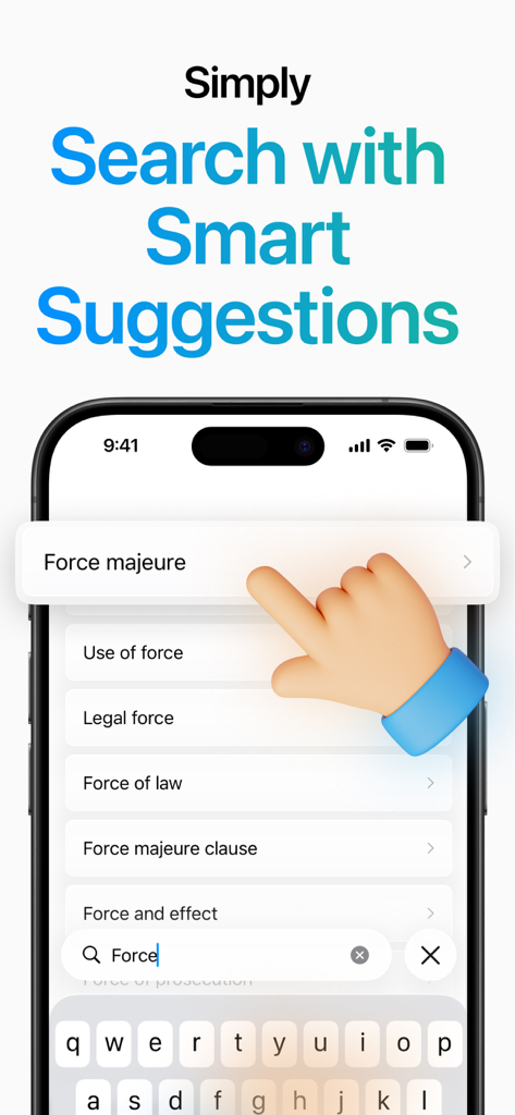 Mobile app interface showing smart search suggestions for legal terms like force majeure