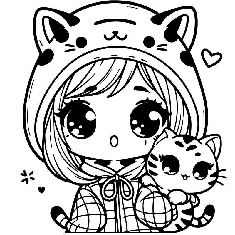 kawaii girl in cute cat hoodie holding a kawaii bengal