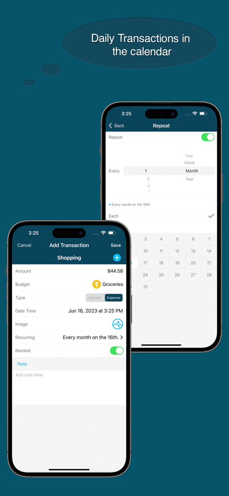 Best Budget Pro app interface showing the add transaction screen and recurring payment settings
