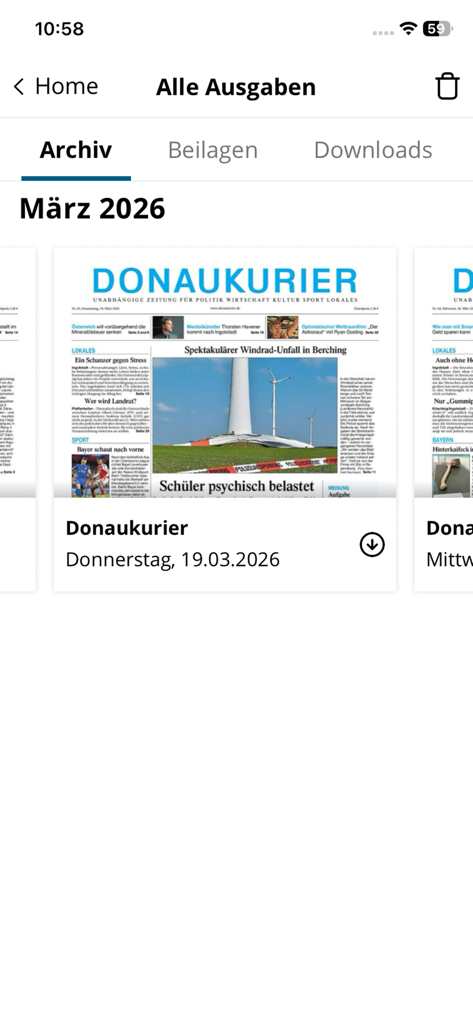 DK ePaper - Donaukurier - Screenshot des Donaukurier ePaper-App-Archivs mit vergangenen digitalen Zeitungsausgaben vom März 2026.