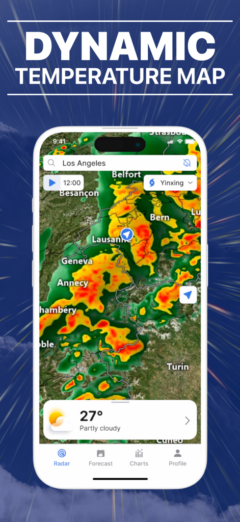 Local Weather Radar - SkyNow - Interfaz de la aplicación SkyNow mostrando un mapa interactivo de temperatura y radar meteorológico