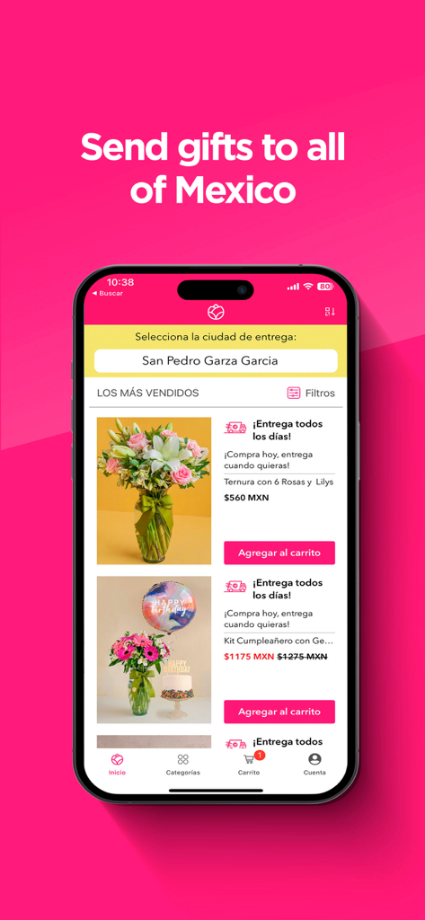 Smartphone que muestra los más vendidos de la aplicación Enviaflores para la entrega de flores y regalos en México.