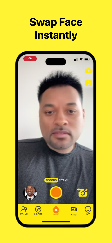A person using the Amigo AI app to swap their face with a celebrity instantly during a live video.