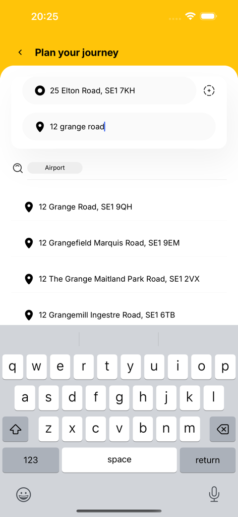 Yellow Star Taxis - Interface of the Yellow Star Taxis app showing a user entering a destination address to plan a journey.