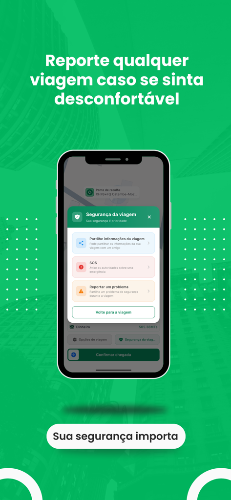 Rucca - Para Motoristas - Rucca mobile app interface displaying trip safety options including sharing trip info and SOS button