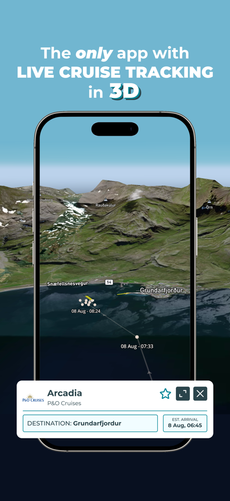 The Cruise Globe - The Cruise Globe app interface displaying live 3D ship tracking of the Arcadia cruise ship on a satellite map.
