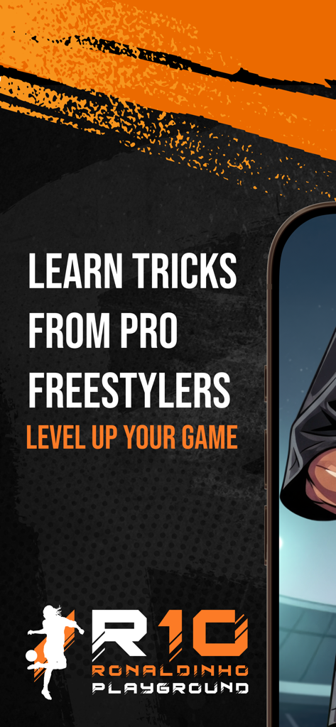 Captura de pantalla de la aplicación R10 Ronaldinho Playground que promociona el entrenamiento de freestyle football para aprender trucos de freestylers profesionales.