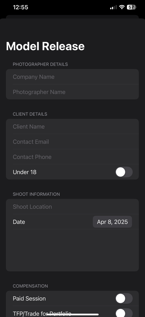 A screenshot of the Model Release Form app interface showing input fields for photographer details client information and shoot details in dark mode.