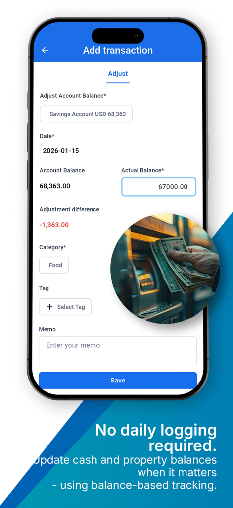 Vision Money:Net Worth & Goals - Vision Money mobile app screen showing balance based tracking and account adjustment features