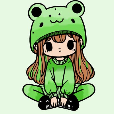 a girl wearing a frog hat and some frog socks