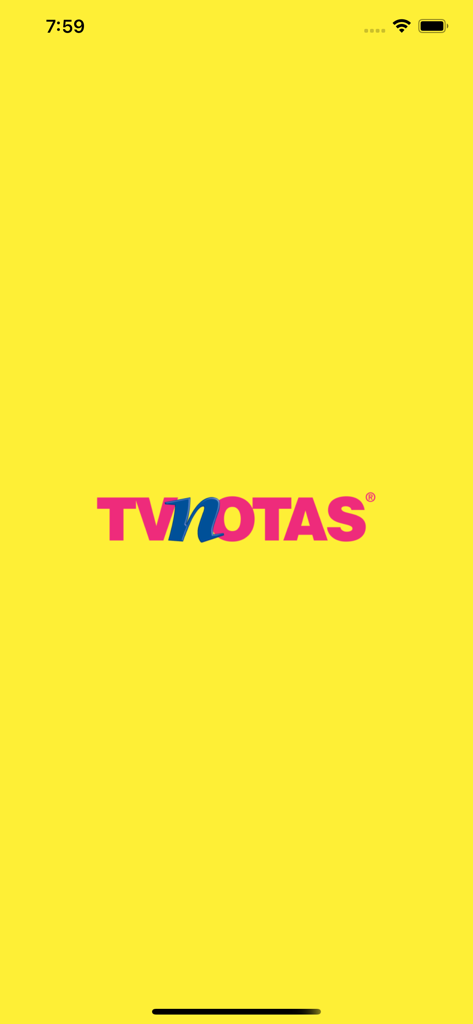 TVNOTAS App Splash-Screen mit dem pink-blauen Logo auf leuchtend gelbem Hintergrund.