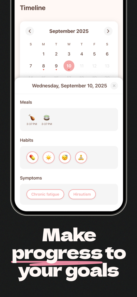 PCOS Polly - Screenshot of PCOS Polly app timeline interface showing logged meals, habits, and symptoms for daily health tracking.