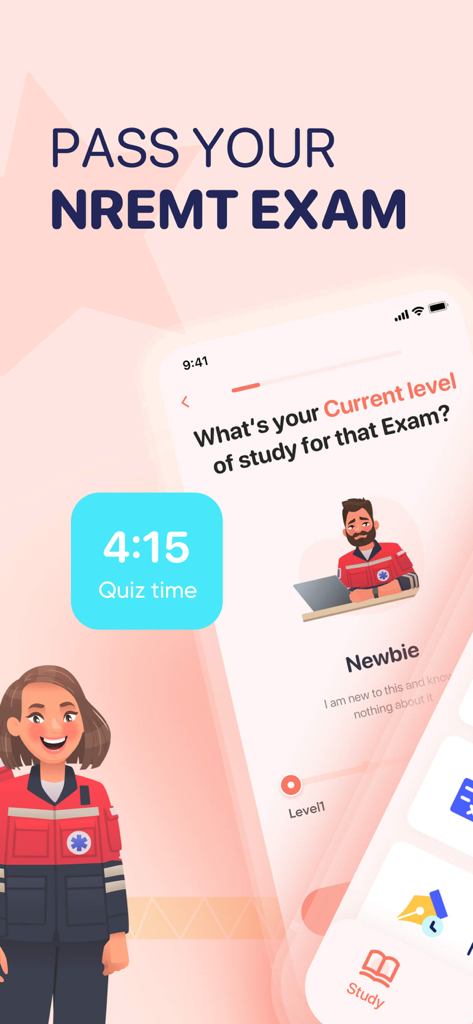 EMT Exam Prep 2026 - NREMT exam preparation app screen with study level options and a quiz timer