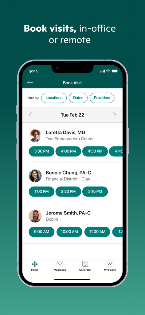 One Medical - One Medical app screen showing options to book in-office or remote medical visits with various providers.