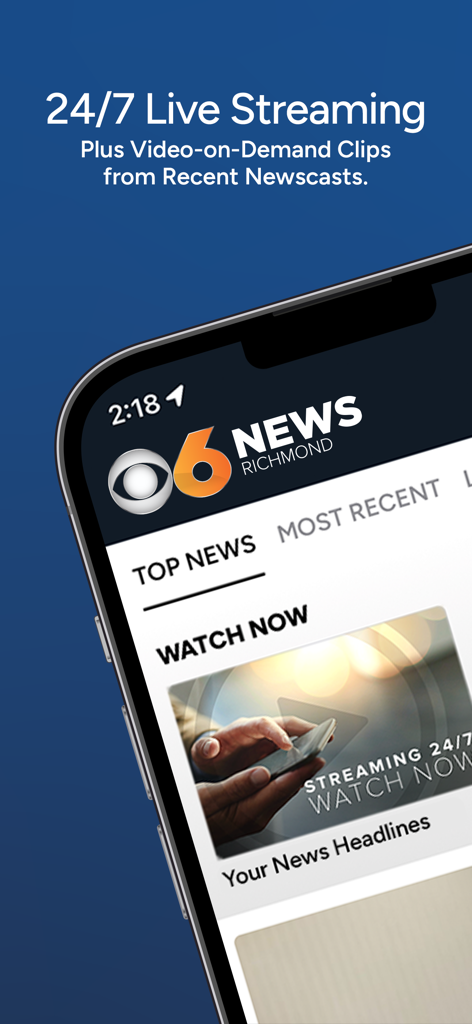 CBS 6 News Richmond app interface showing live streaming and video on demand features