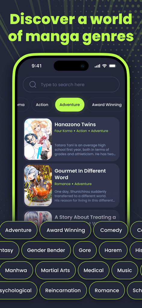 Manga Reader - Comics App - The search and discovery screen of the Manga Reader app showing various manga genres and featured titles like Hanazono Twins.