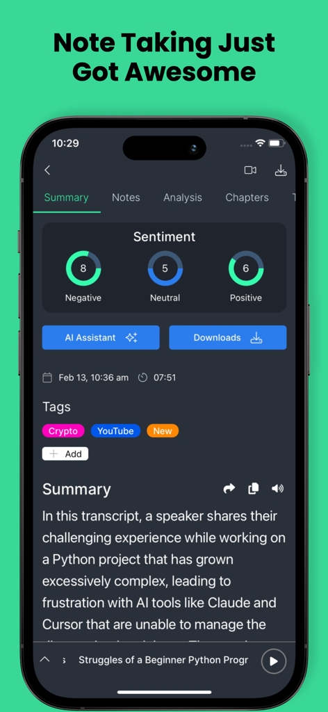Stenote: AI Audio to Text - Captura de pantalla de la aplicación Stenote que muestra un resumen de reunión generado por IA con medidores de análisis de sentimiento y etiquetas.