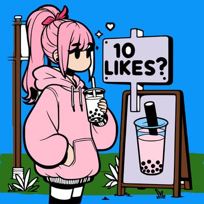 girl with oversized hoodie drinking boba and she has a high ponytail with a sign that says 10likes?