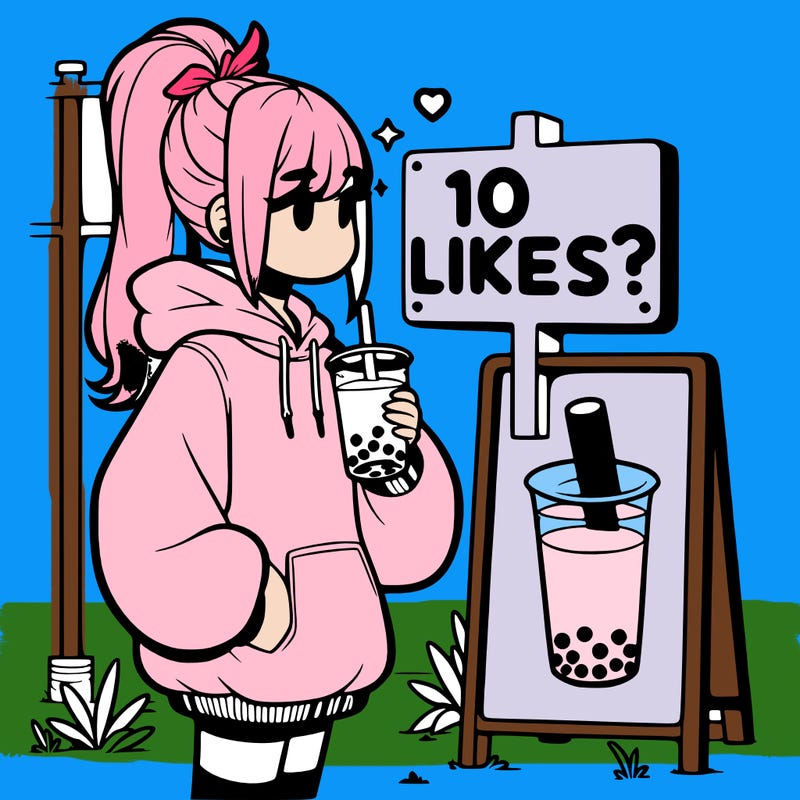 girl with oversized hoodie drinking boba and she has a high ponytail with a sign that says 10likes?