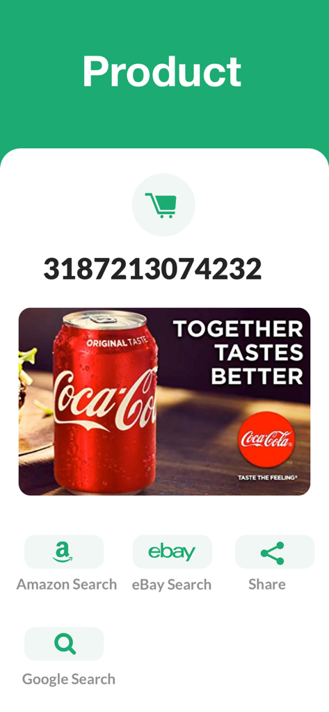 QR Code Reader & QR Scanner · - Pantalla de la aplicación de escáner QR que muestra los detalles del producto escaneado con opciones de búsqueda para Amazon y eBay