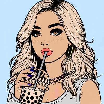 realistic girl drink a boba