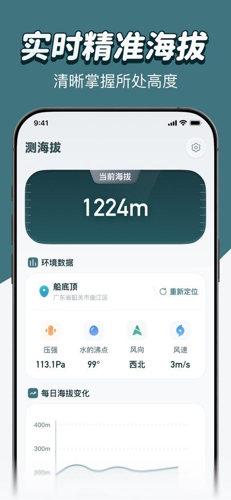 Interfaz de la aplicación High-Precision Compass Pro que muestra la medición de altitud en tiempo real y datos ambientales