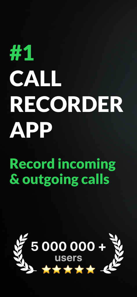 Call Recorder for iPhone. - Écran promotionnel pour Enregistreur d'appels pour iPhone montrant son classement élevé avec plus de 5 millions d'utilisateurs et une note de 5 étoiles.
