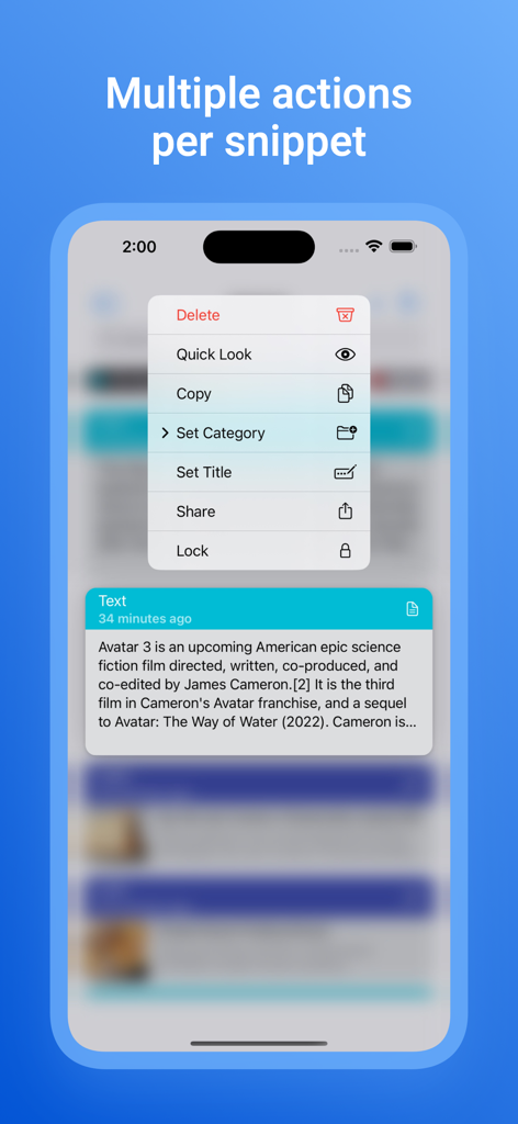Clipboard Manager - Pycopaste - Interfaz que muestra múltiples acciones de gestión como copiar, compartir y categorizar para un fragmento de texto.