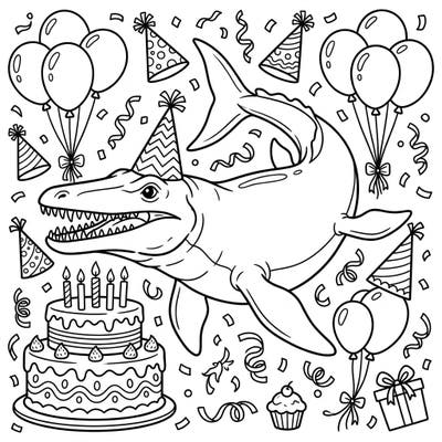 Get ready for a unique celebration with this Temnodontosaurus Birthday Party coloring page! This exciting scene features the ancient marine reptile amidst festive balloons, cake, and confetti, ready for your creative touch.