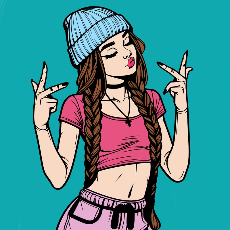 realistic teenage girl with braids and a beanie and crop top doing 🫶🏼