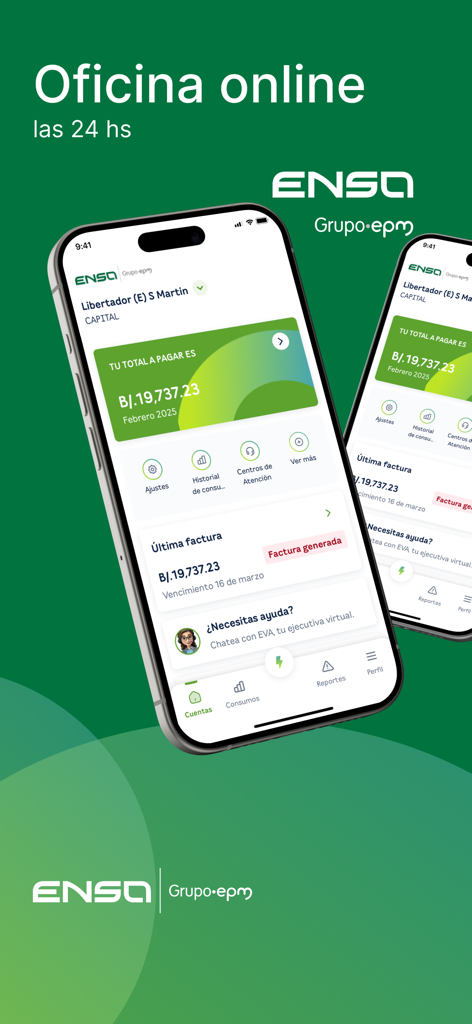 ENSA Panamá - ENSA Panama app home screen displaying total bill balance and utility management features on a smartphone