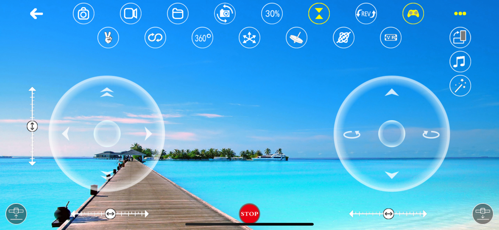 RC UFO - RC UFO app interface displaying drone flight controls and live camera feed of a beach pier