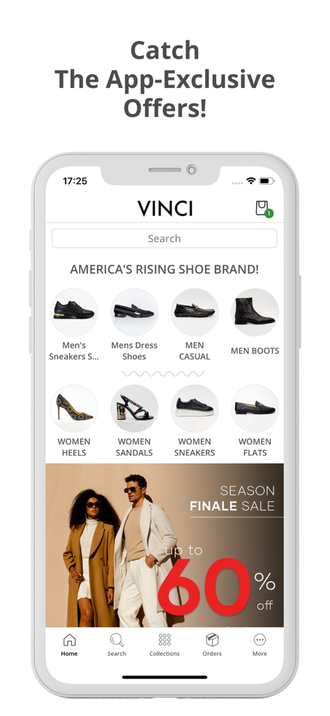 Vinci Leather - Vinci Leather app home screen showing shoe categories for men and women and a sixty percent off sale banner