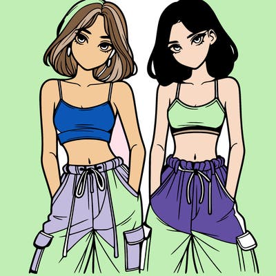 two girls with crop top with baggy pants