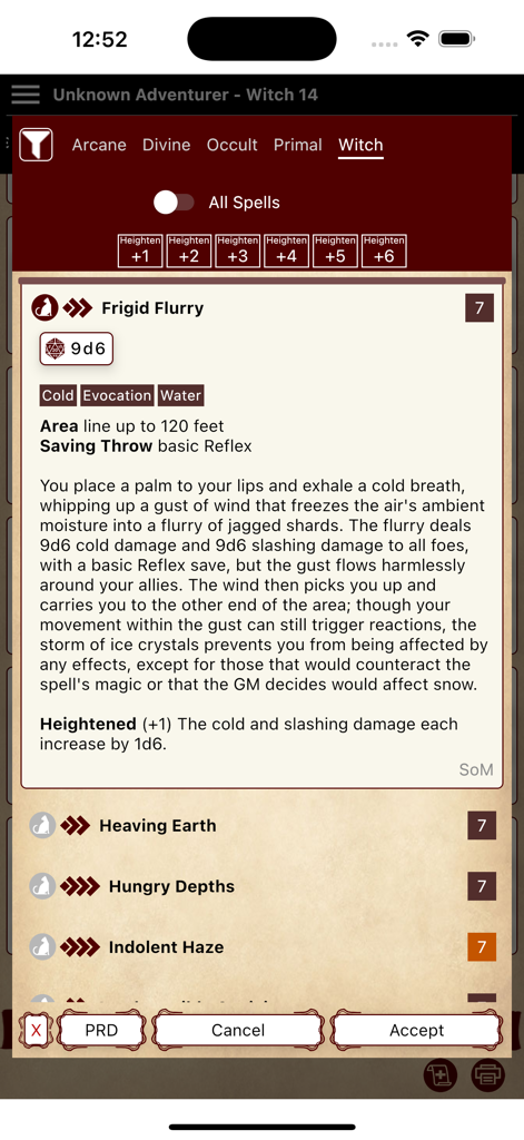 Pathbuilder 2e - Tela de seleção de feitiços do Pathbuilder 2e mostrando detalhes do feitiço Frigid Flurry para uma Bruxa de nível 14.