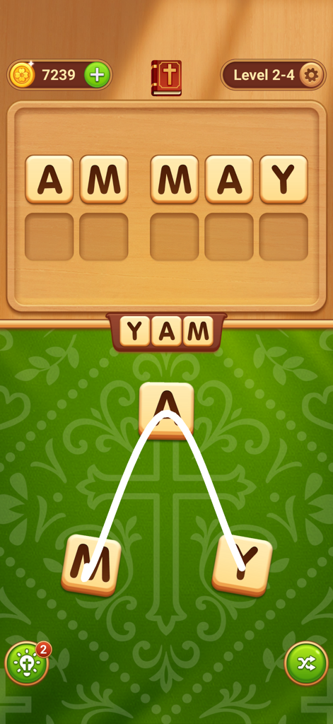 Bible Word Connect Game - Gameplay of Bible Word Connect showing a word puzzle with wooden tiles on a green background with a cross