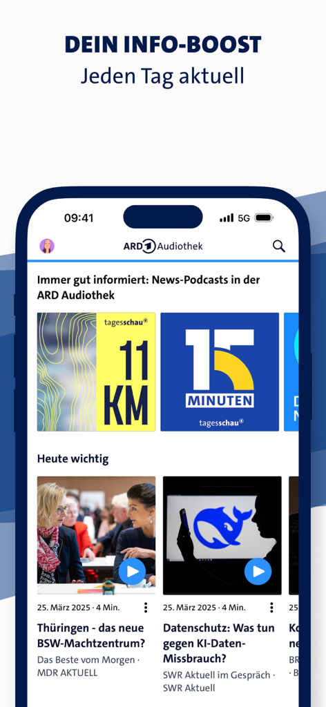 ARD Audiothek mobile app interface displaying daily German news podcasts and current events stories