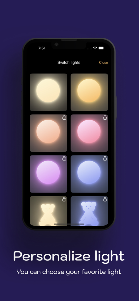 Nighty Lighty: Dim Flashlight - A selection of various colored circles and teddy bear shapes to customize the night light color and style.