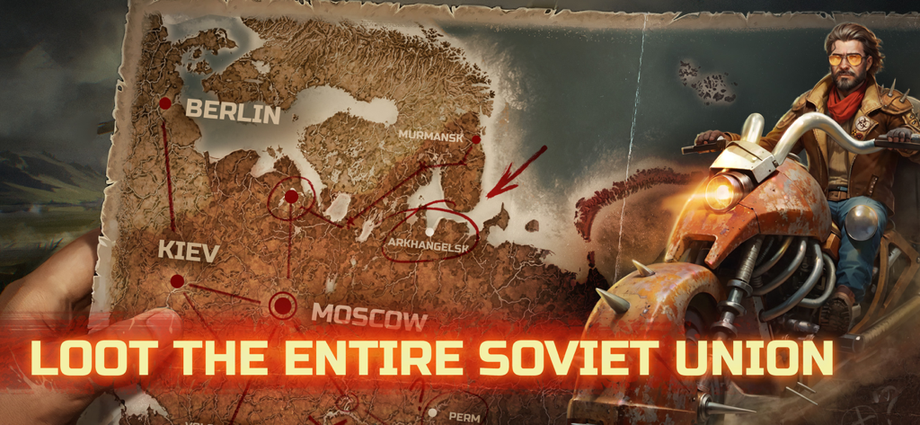 Day R Premium: Survival RPG - A post-apocalyptic map of the Soviet Union featuring a survivor on a rusty motorcycle with the headline loot the entire Soviet Union.