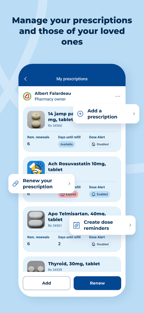 Familiprix - Familiprix app screen showing prescription management and medication reminders