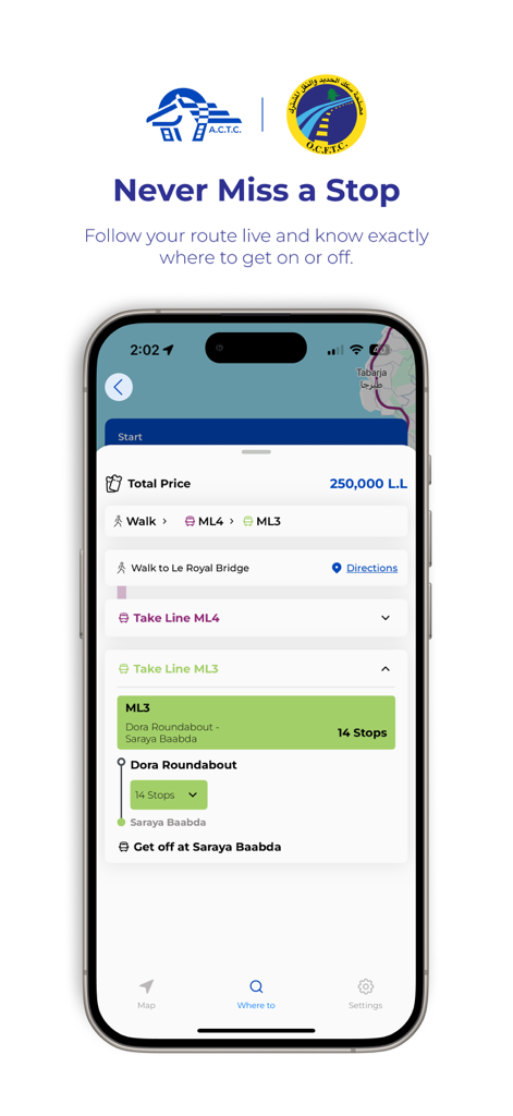 A smartphone showing the ACTC PT app interface with a detailed bus route plan including ticket price and stop information