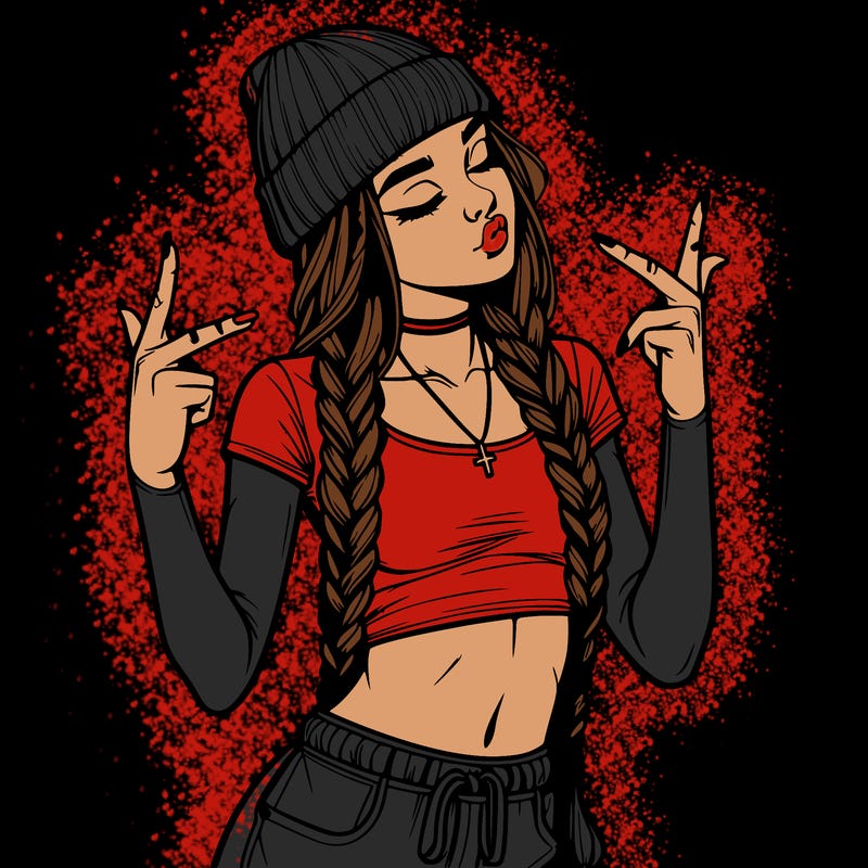 realistic teenage girl with braids and a beanie and crop top doing 🫶🏼